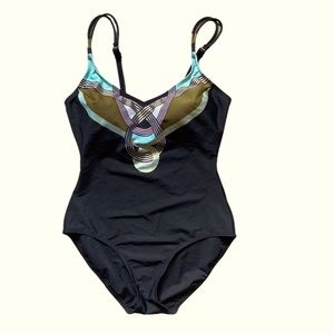 FantaSizer Women’s Slimming One Piece Black Turquoise Gold Padded Swimsuit Sz. 8